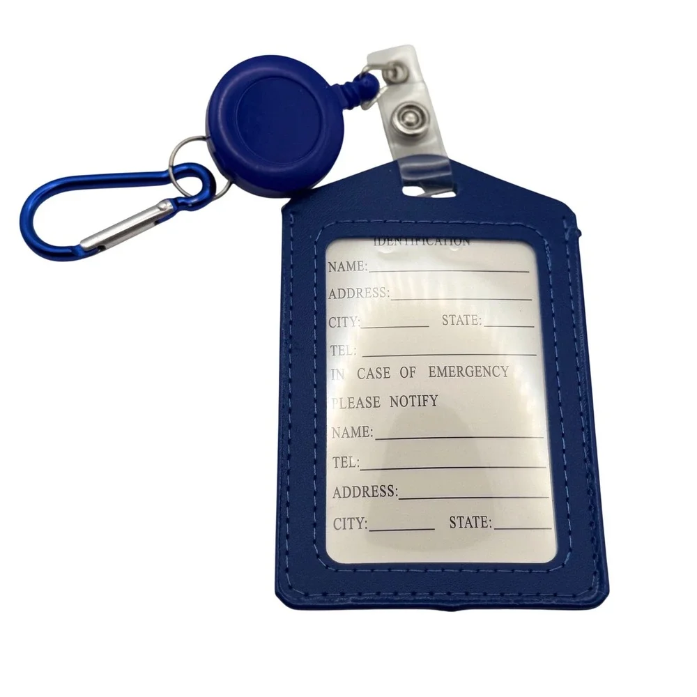 Blue Faux Leather ID Badge‎ Holder with Retractable Reel and Carabiner Clip